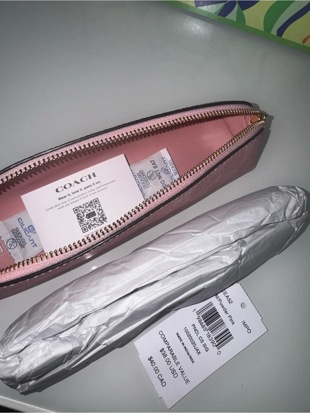 Coach Powder Pink Signature Leather Zip Pencil Case - Picture 6 of 9